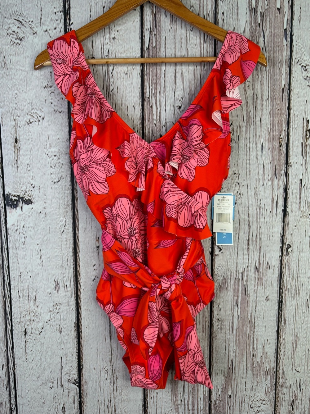 NWT Draper James One Piece Ruffle Swimsuit Size Medium Belted Orange Red Floral